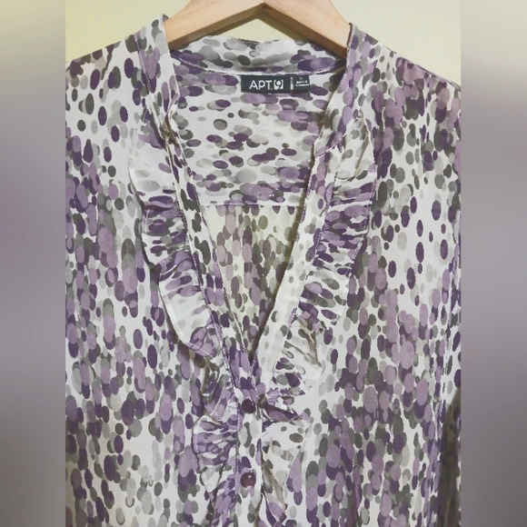 Apt. 9 Womens Sz Large Purple/Gray/White Sheer S/S Ruffle Cinch Waist Blouse Top - Picture 5 of 12